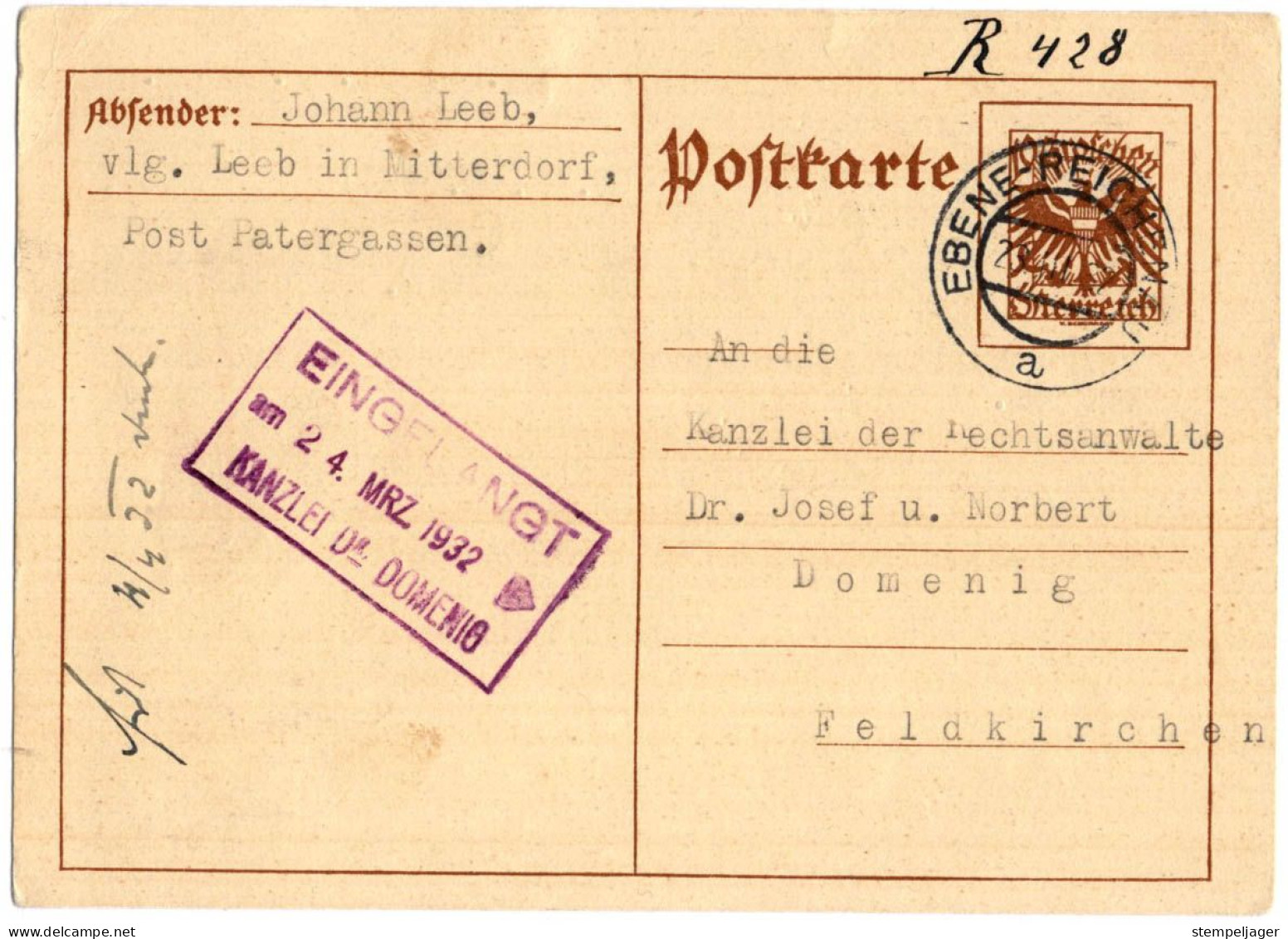 1932 Ebene-Reichenau > Feldkirchen , Kärnten - Covers & Documents