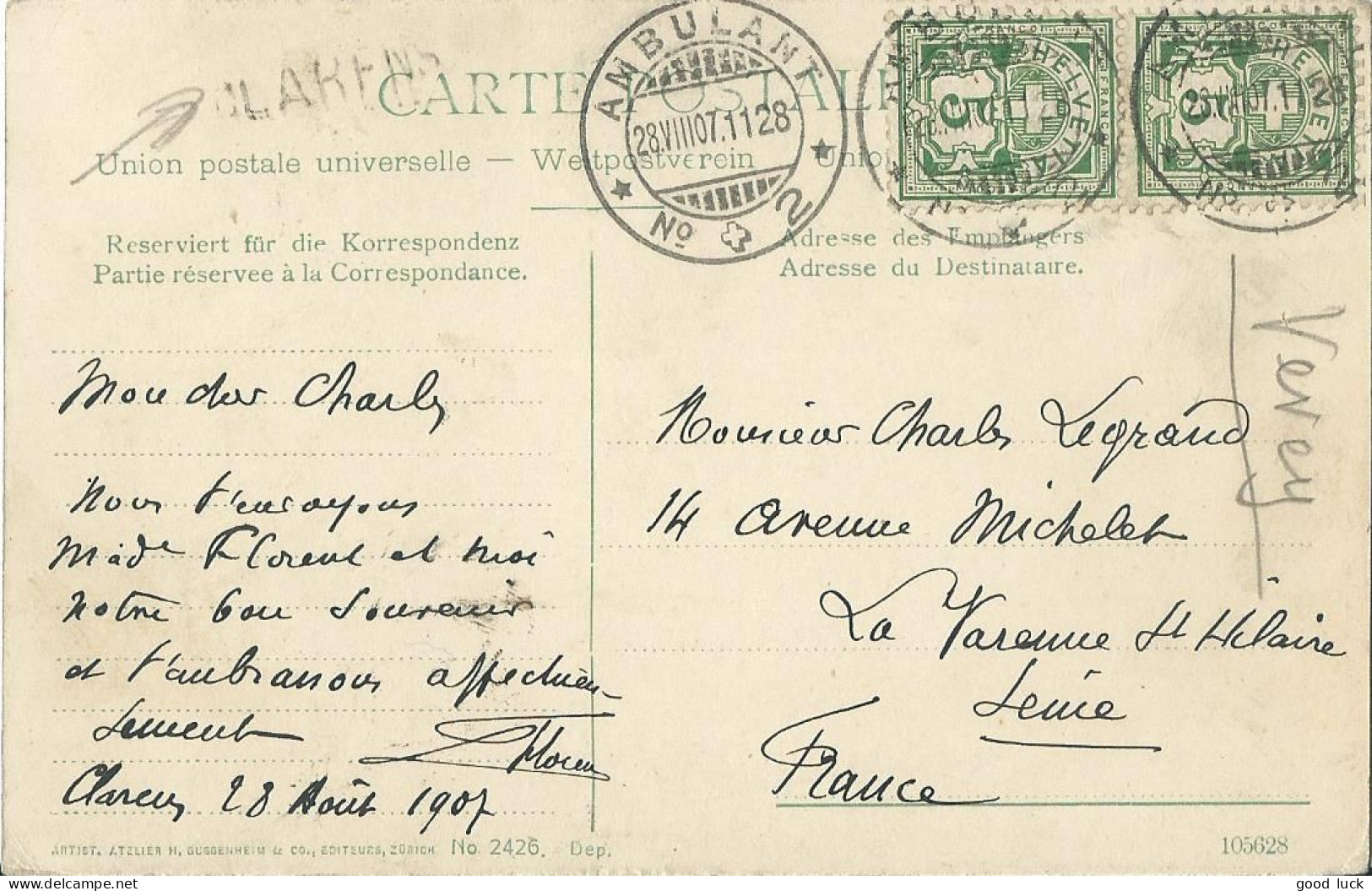 SUISSE CARTE 10c MARQUE LINEAIRE CLARENS + AMBULANT N°2 POUR LA VARENNE ST HILAIRE ( SEINE ) DE 1907    LETTRE COVER - Brieven En Documenten