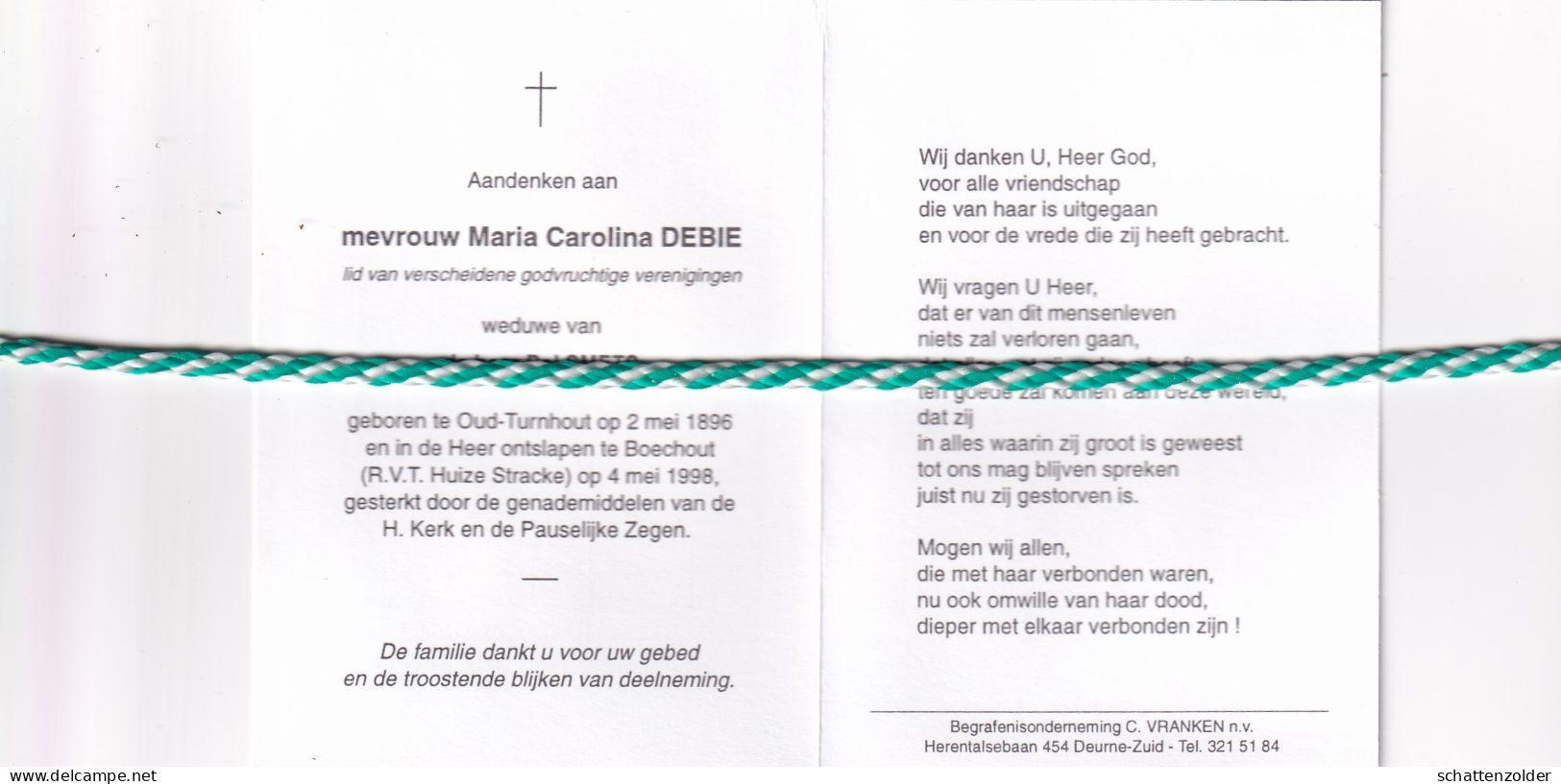 Maria Carolina Debie-Smets, Oud-Turnhout 1896, Boechout 1998. Honderdjarige. Foto - Avvisi Di Necrologio