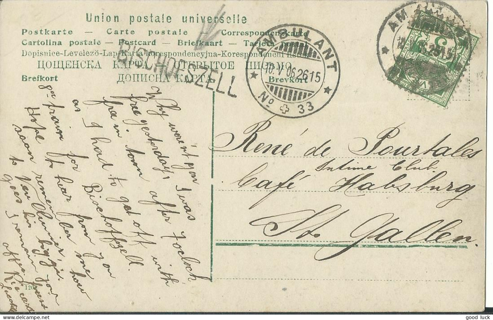 SUISSE CARTE 5c MARQUE LINEAIRE BISCHOPSZELL + AMBULANT N°33 POUR ST GALLEN DE 1906    LETTRE COVER - Brieven En Documenten