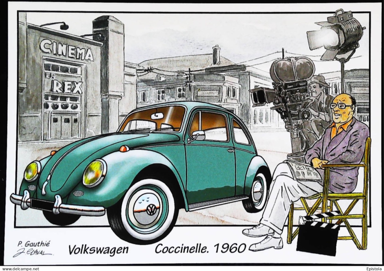 ► VOLKSWAGEN COX COCCINELLE 1959 - Tournage De Film  Cinema Rex Giovanni Galbi  - CPM   Illustrateur - Voitures De Tourisme