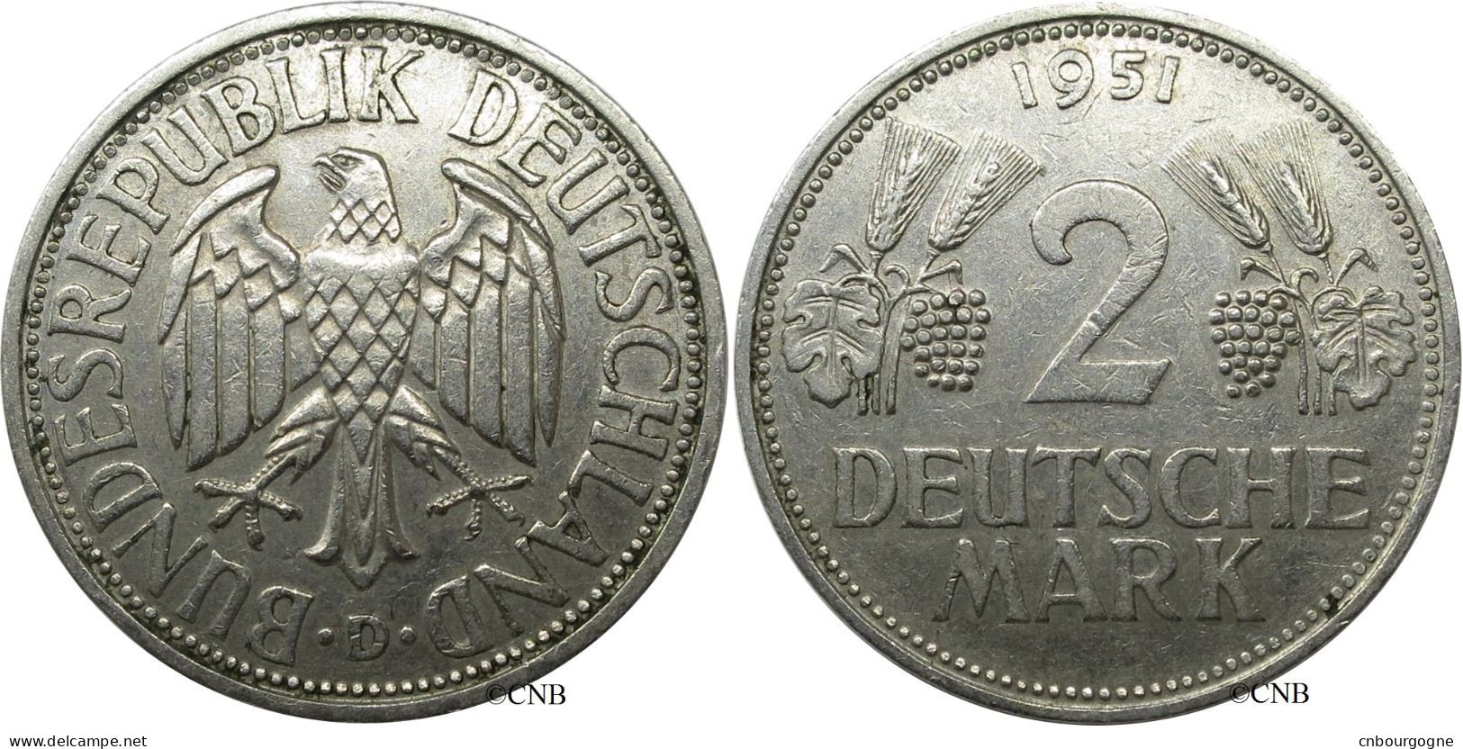 Allemagne - RFA - 2 Deutsche Mark 1951 D - TTB/XF45 - Mon0875 - 2 Mark