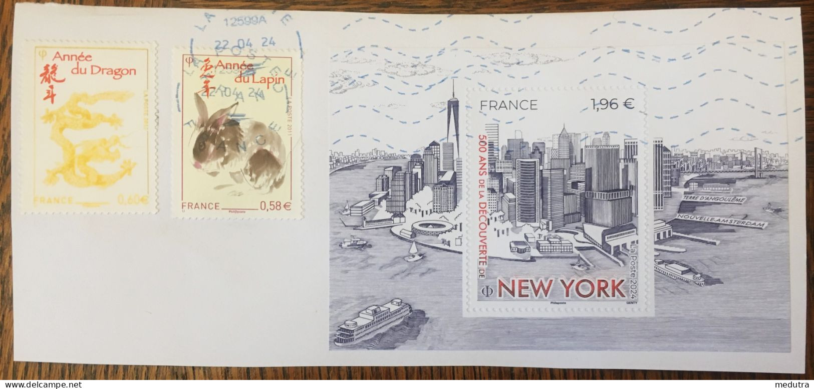 500 Ans De Découverte De New-York Timbre De France 2024 Sur Fragment Avec Cachet 2024 - Used Stamps