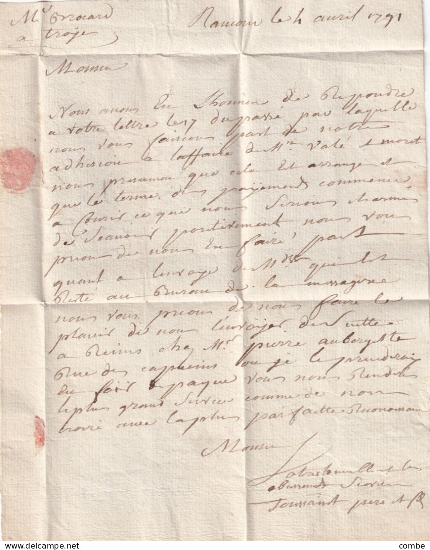 LETTRE. 4 AVRIL 1791. SEDAN. DE RAMORN. POUR TROYES. DE RANCORN. SIGNÉ TOUSSAINT PERE ET FILS - 1701-1800: Précurseurs XVIII