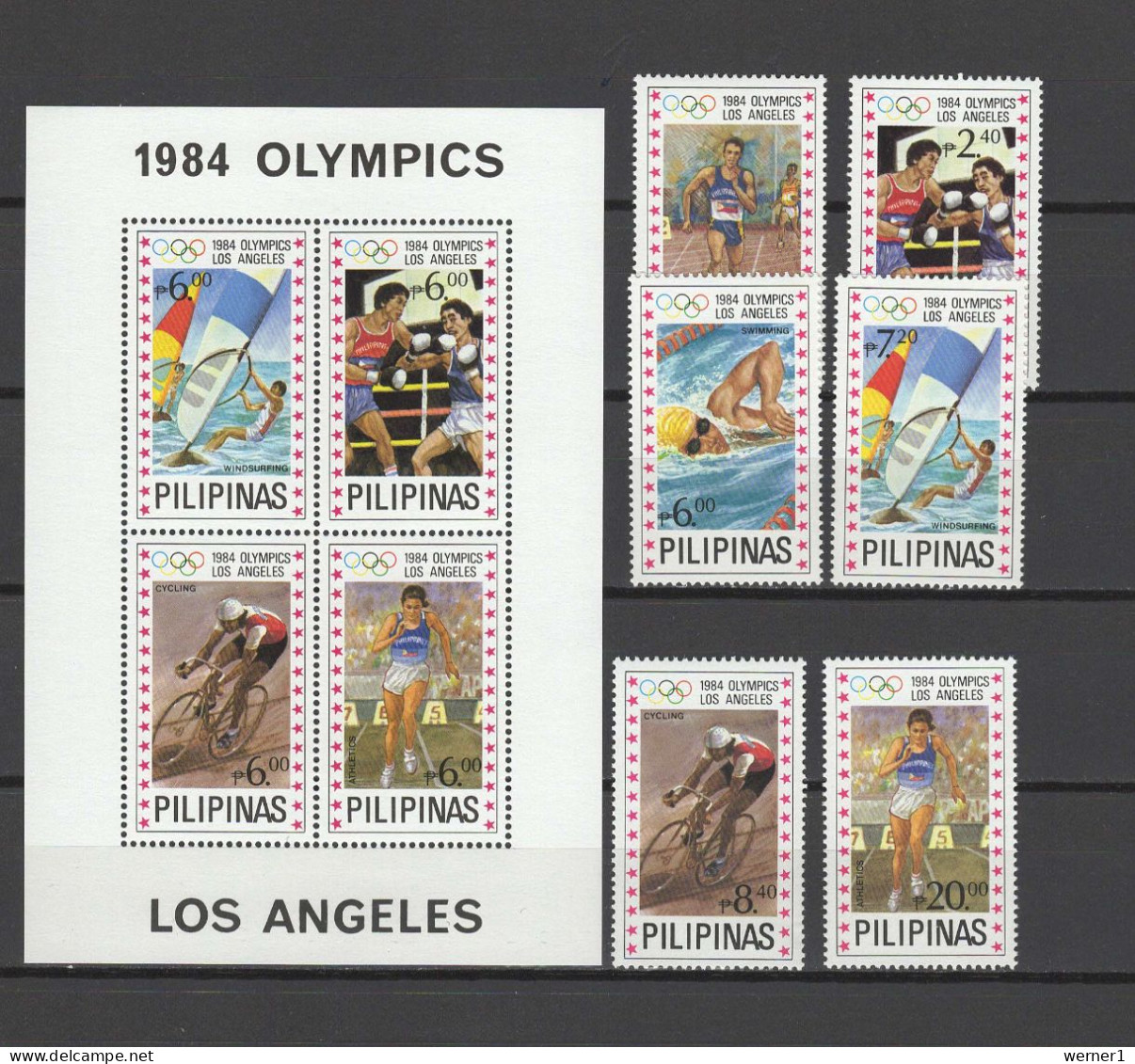 Philippines 1984 Olympic Games Los Angeles, Boxing, Swimming, Windsurfing, Cycling, Athletics Set Of 6 + S/s MNH - Ete 1984: Los Angeles