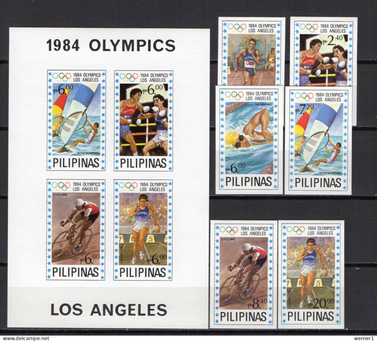 Philippines 1984 Olympic Games Los Angeles, Boxing, Swimming, Windsurfing, Cycling, Athletics Set Of 6 + S/s Imperf. MNH - Zomer 1984: Los Angeles