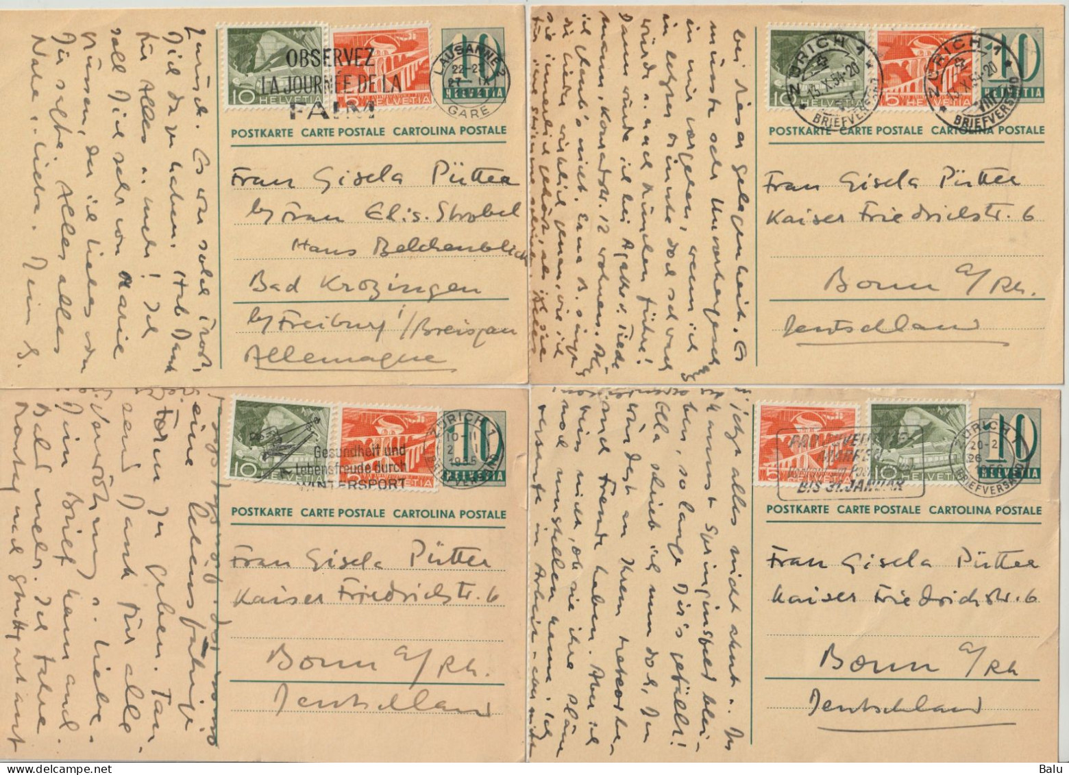 Schweiz 4 Ganzsachen Postkarten 10, Zürich 1954, 1955 + 1956 Nach Deutschland Mit Zusatzfrankaturen 5 Und 10 Rp. - Interi Postali