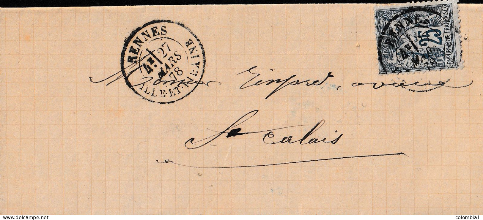 Lettre De RENNES Du 27 Mars 1878 Via CALAIS Type Sage 25c - 1898-1900 Sage (Tipo III)