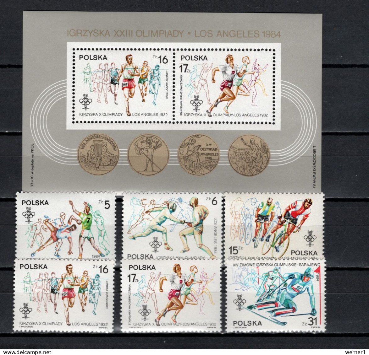 Poland 1984 Olympic Games Los Angeles / Sarajevo, Fencing, Cycling, Athletics Set Of 6 + S/s MNH - Verano 1984: Los Angeles