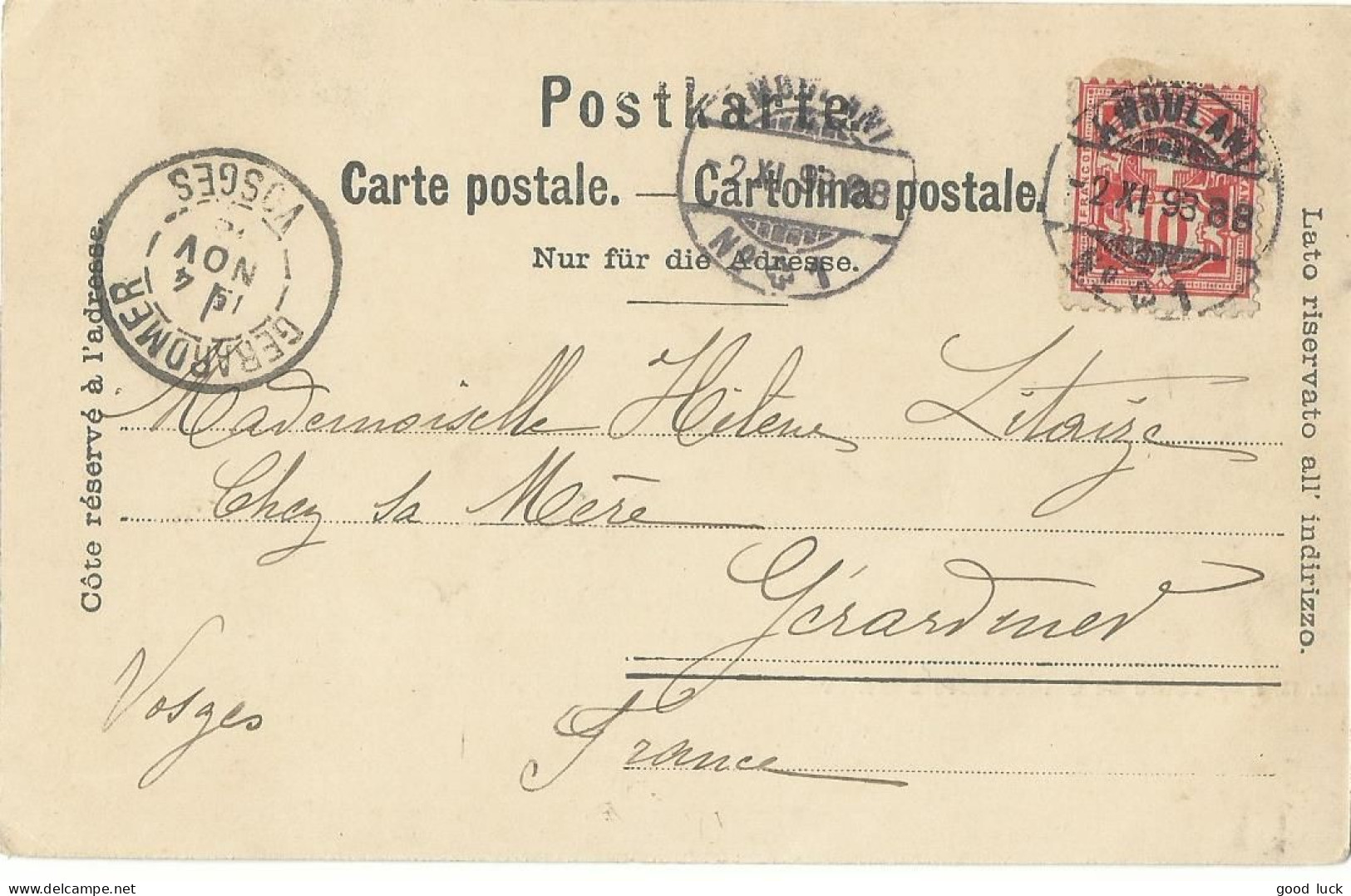 SUISSE CARTE 10c GENEVE + AMBULANT N°1 POUR GERARDMER ( VOSGES ) DE1893   LETTRE COVER - Brieven En Documenten