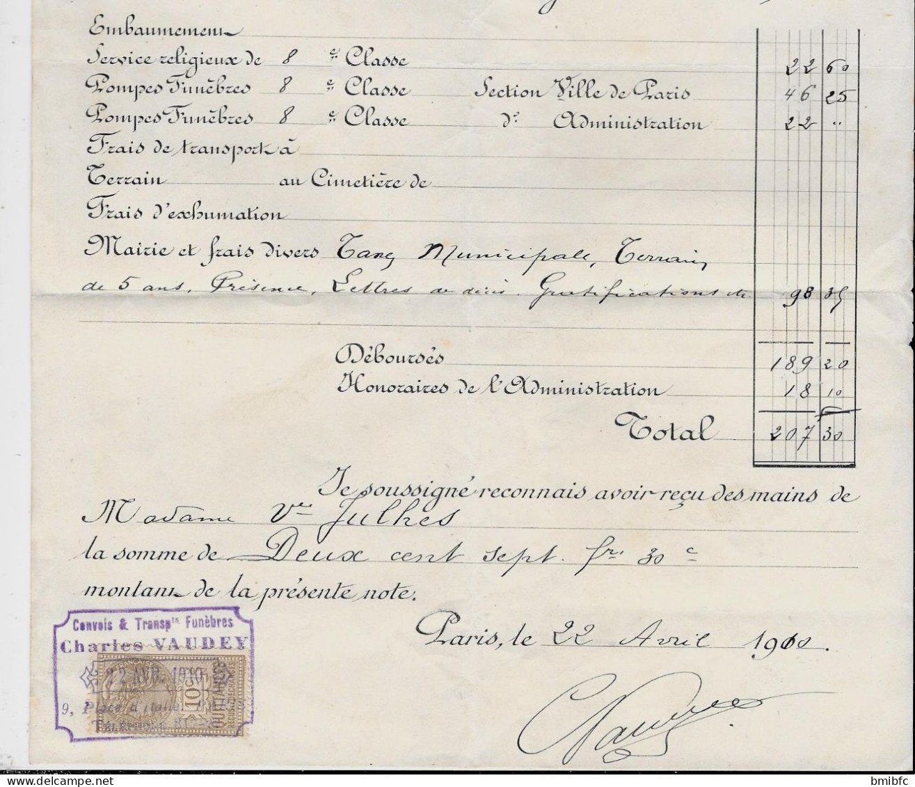 22 Avril 1910 -Entreprise Spéciale De Convois Et Transports Funèbres Charles Vaudey Paris, 9, Place D'Italie , 9, Paris - Transport