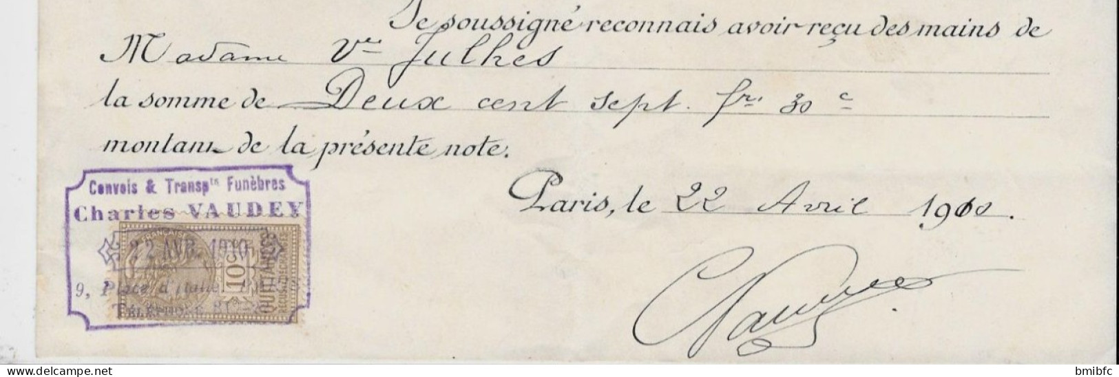 22 Avril 1910 -Entreprise Spéciale De Convois Et Transports Funèbres Charles Vaudey Paris, 9, Place D'Italie , 9, Paris - Verkehr & Transport