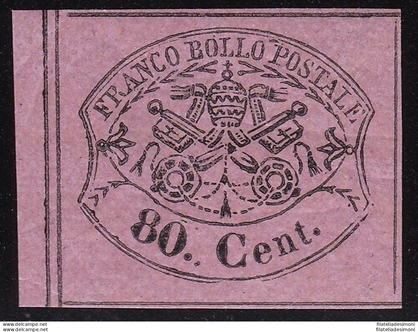 1867 Stato Pontificio, N° 20 80 Cent. Rosa Lillaceo MLH/* MARGINE DI FOGLIO - Kerkelijke Staten
