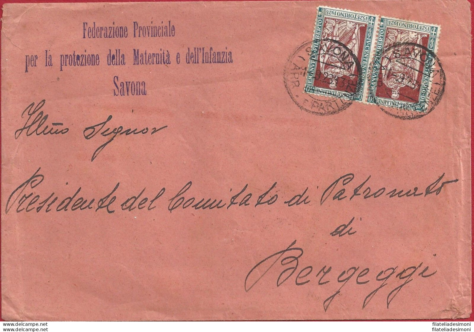 1928 Regno, N° 232 Coppia Su Lettera - Europa