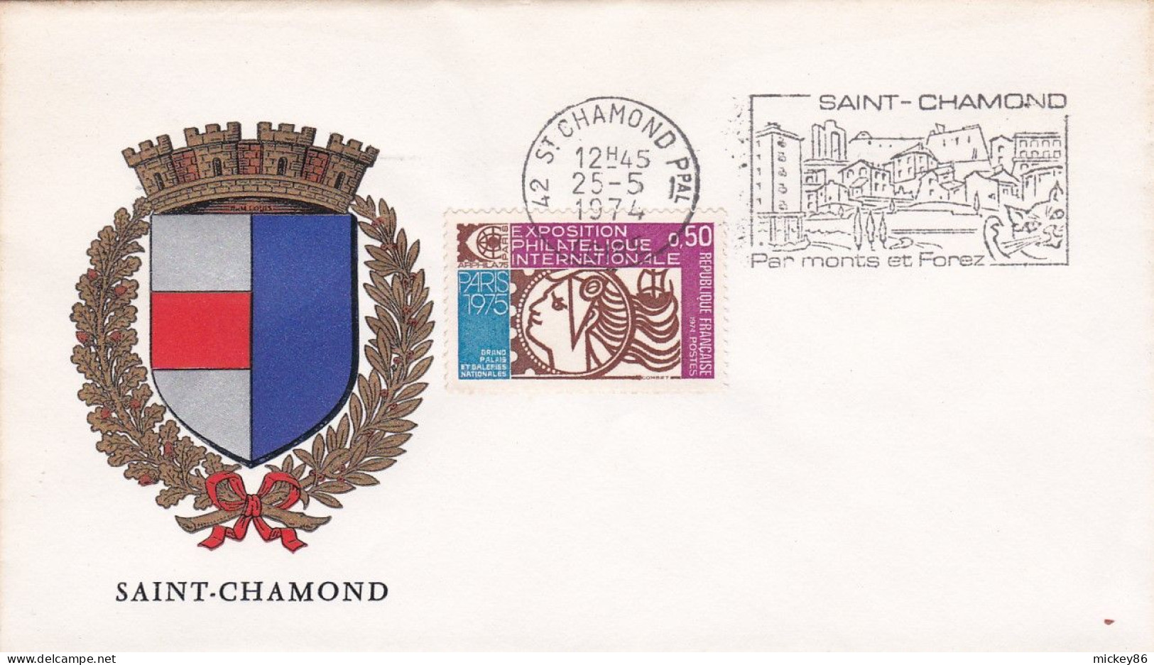 1974-lettre De SAINT CHAMOND-42 ,timbre EXPO-- Beau Blason + Cachet Mécanique Avec Flamme Monts Du Forez (chat) - 1961-....