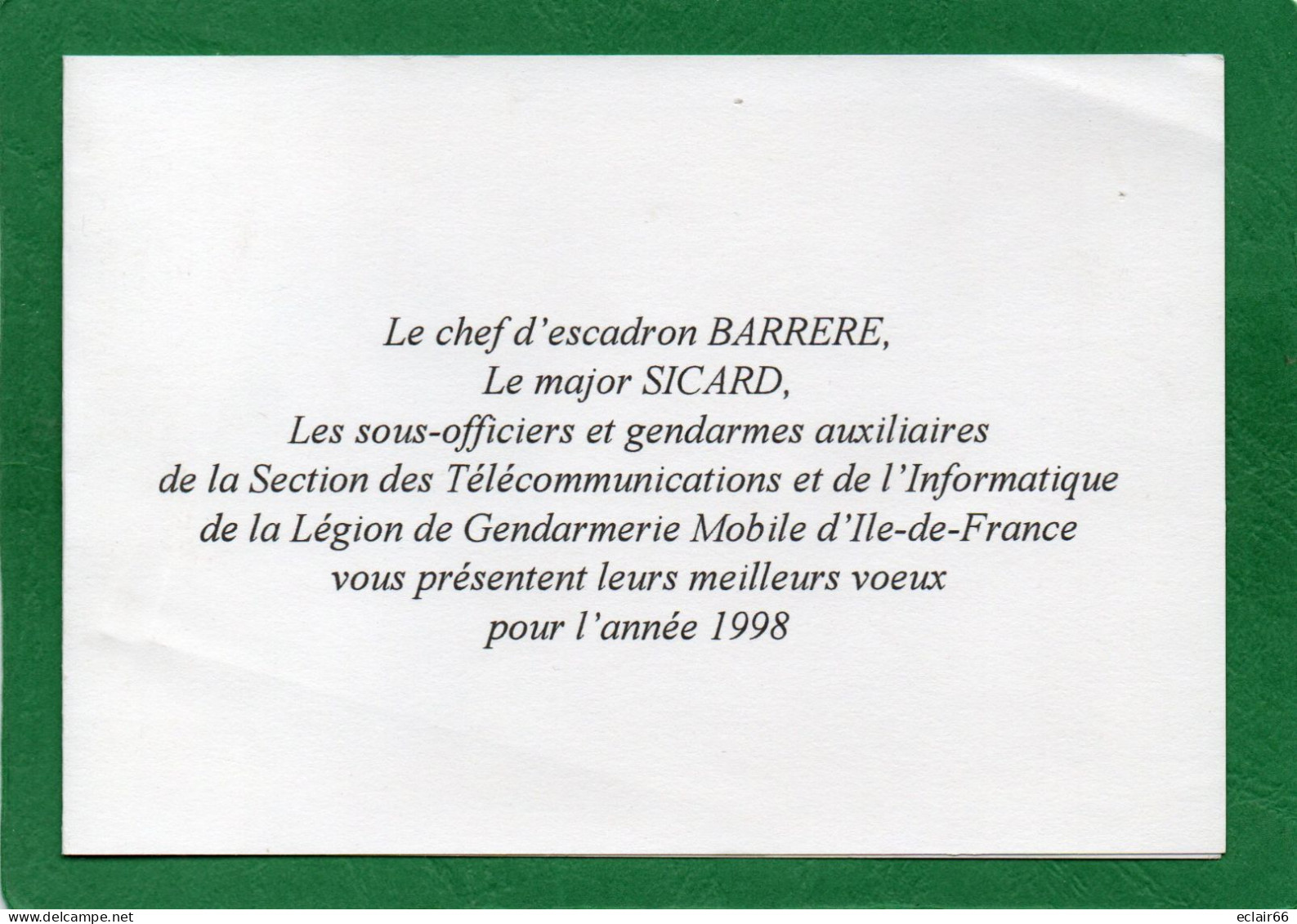 Gendarmerie  MOBILE D'ILE De FRANCE BARRERE  ANNEE 1998  Présentent Leurs Meilleurs Voeux Pour La Nouvelle Année - New Year