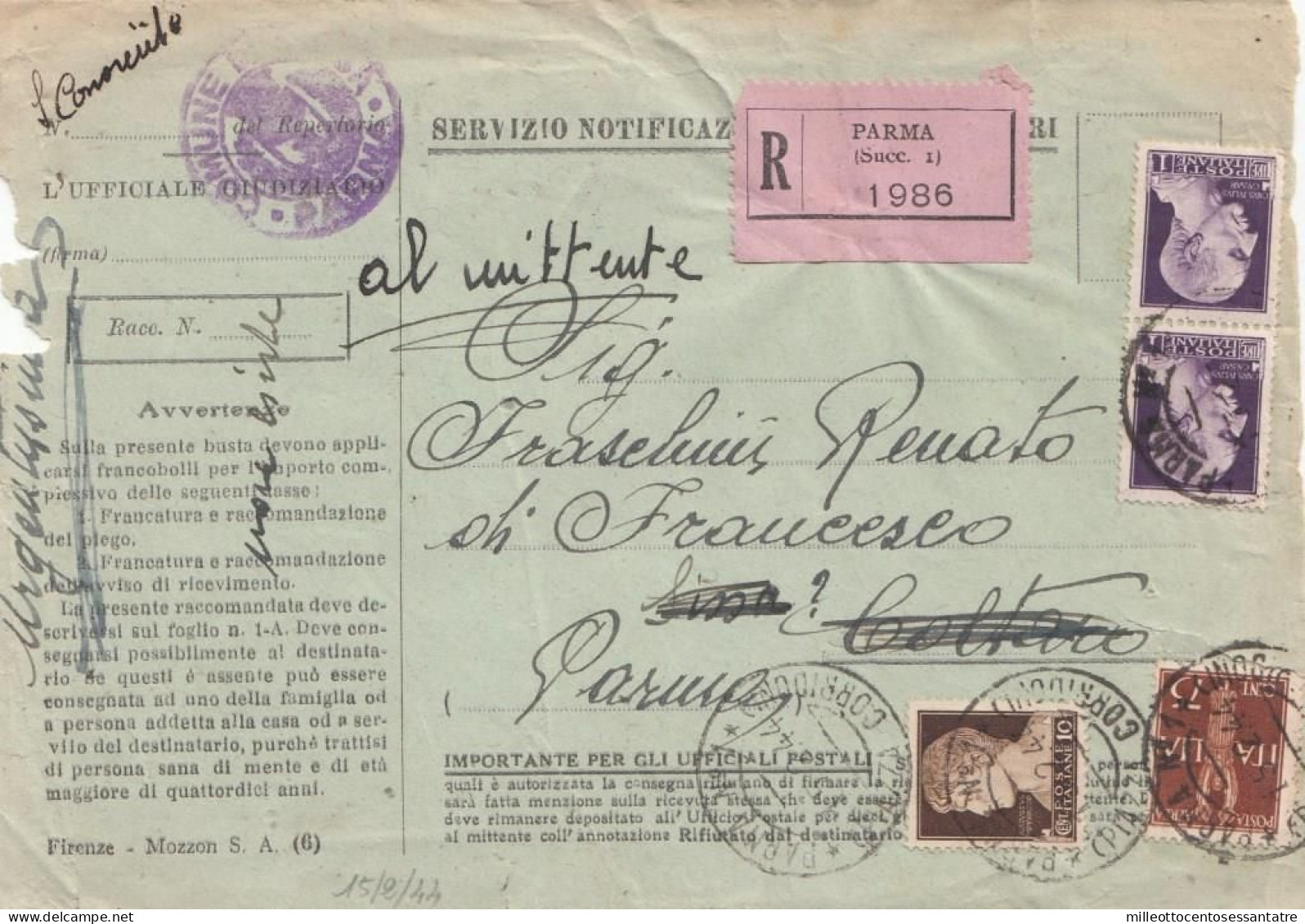 1830 - R.S.I. - Atti Giudiziari Del 1944 Da Parma A Coltaro - Resa Al Mittente - Con Collia Lire 1 + C. 75 + C. 10 Bruno - Marcophilia