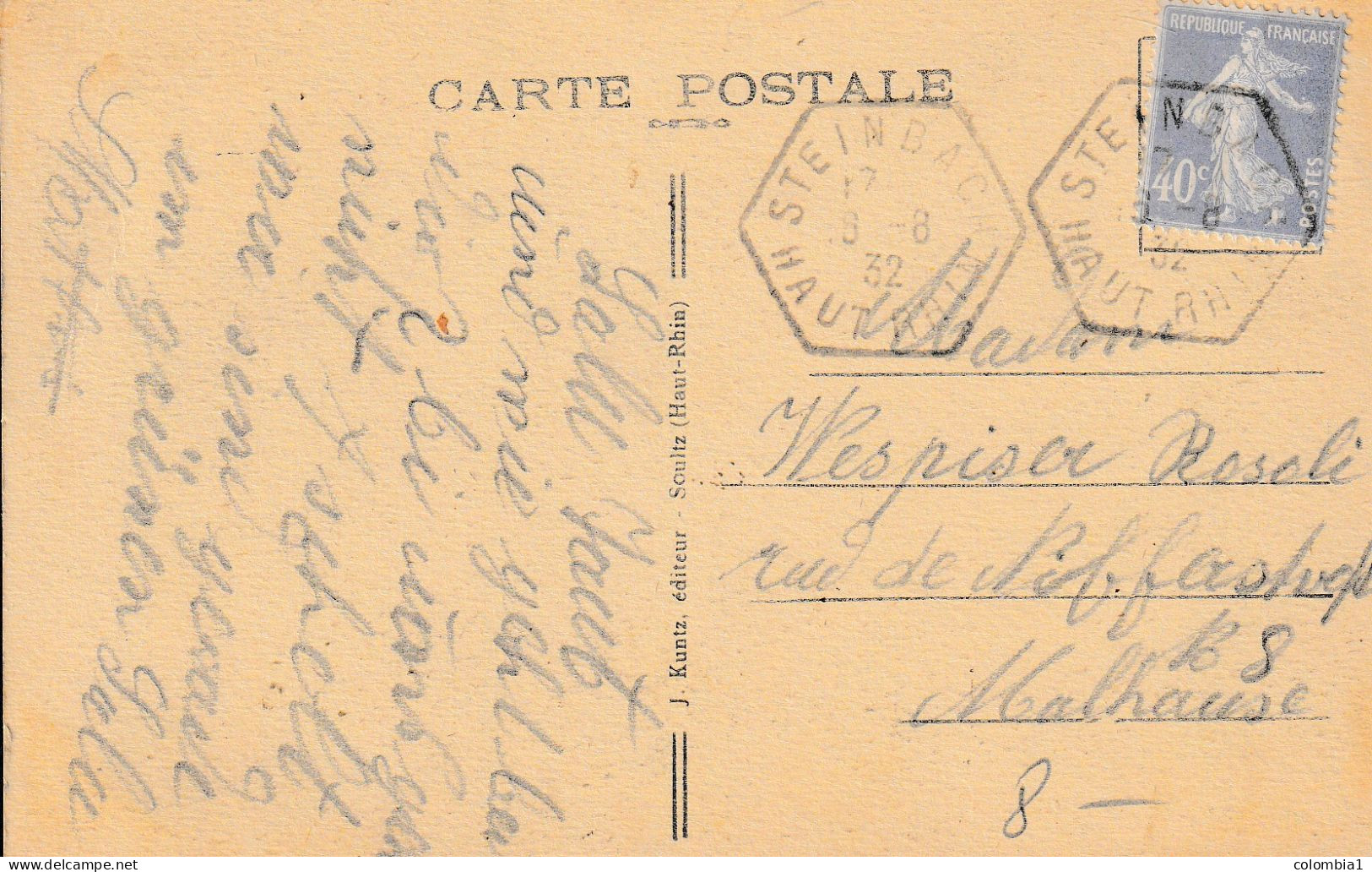 Carte Postale STEINBACH Du 18 Aout 193 Via Mulhouse (semeuse 40c) - Covers & Documents