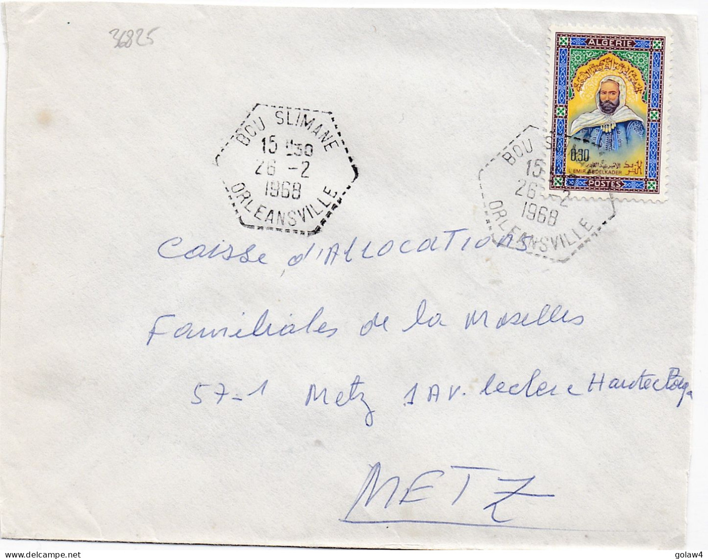 36825# ALGERIE LETTRE Obl BOU SLIMANE ORLEANSVILLE 1968 Pour METZ MOSELLE - Algérie (1962-...)