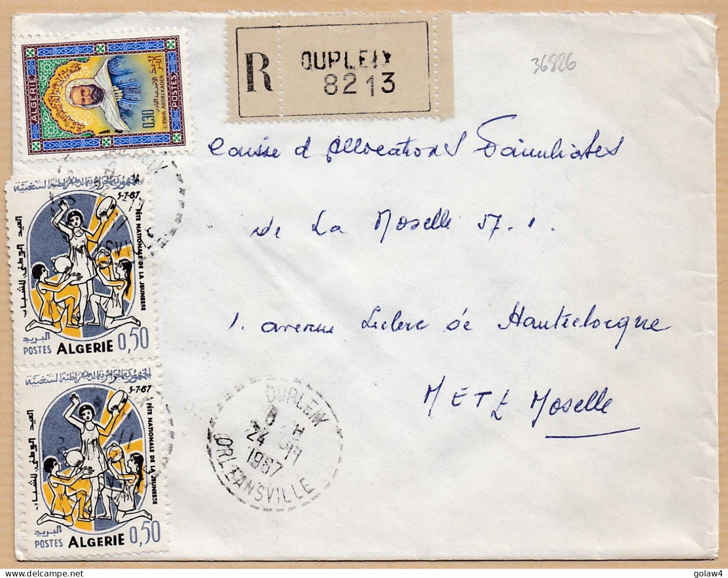 36826# ALGERIE LETTRE RECOMMANDE Obl DUPLEIX ORLEANSVILLE 1967 Pour METZ MOSELLE - Algérie (1962-...)