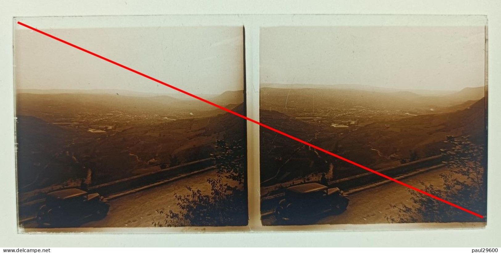 Photo Sur Plaque De Verre, Voiture, Montagne, Route, Muret, Vallée, Animée, Arbuste, Années 1930. - Glasdias