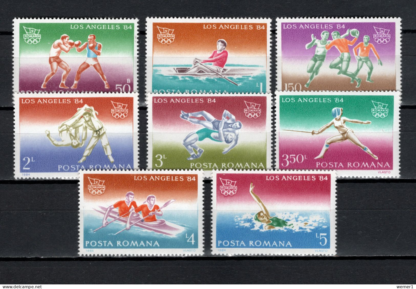 Romania 1984 Olympic Games Los Angeles, Boxing, Rowing, Handball, Judo, Fencing, Wrestling Etc. Set Of 8 MNH - Sommer 1984: Los Angeles