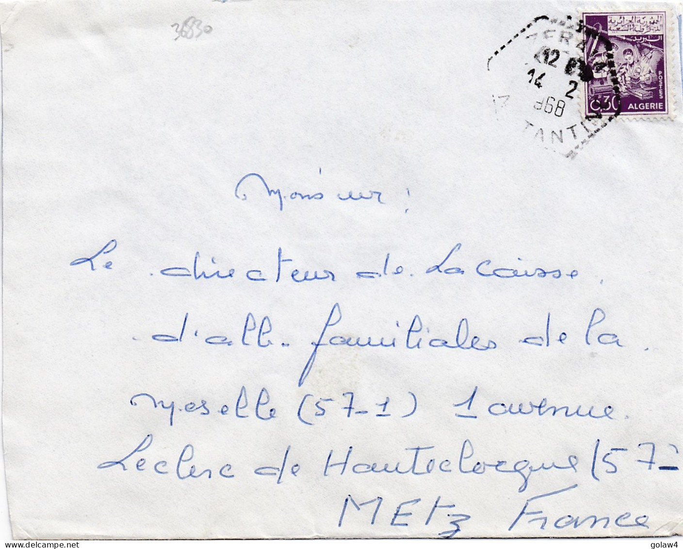 36830# ALGERIE LETTRE Obl ZERAIA CONSTANTINE 1968 Pour METZ MOSELLE - Algerije (1962-...)