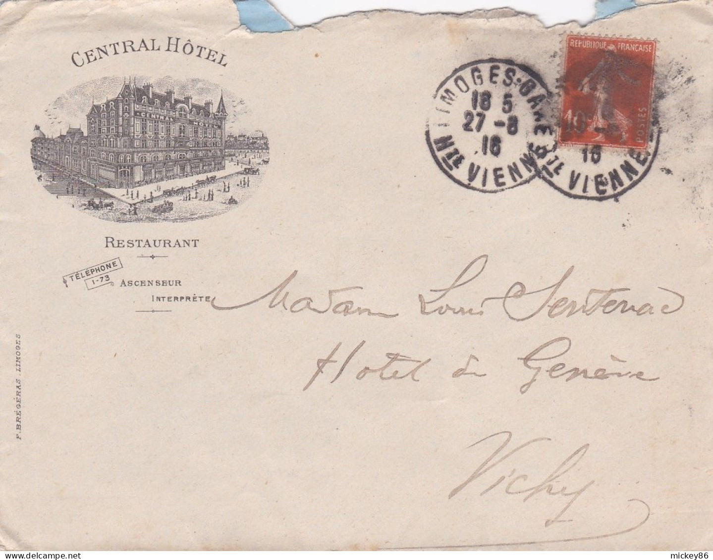 1916--lettre De LIMOGES-87  Pour VICHY -03,type Semeuse,cachet--pub Illustrée "Centrale Hôtel " - 1877-1920: Semi-Moderne