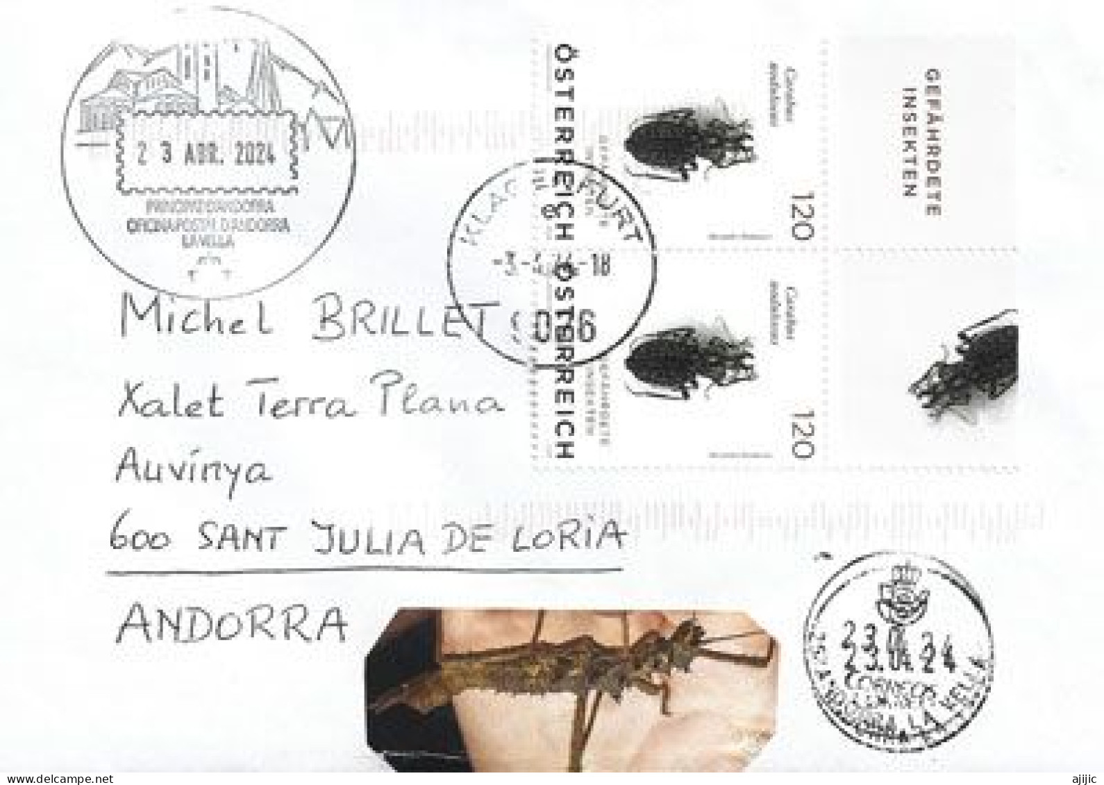 2024. ENDANGERED INSECT: (Carabe Noduleux), Lettre Autriche à Andorra, Avec Timbre à Date Arrivée Andorra - Briefe U. Dokumente