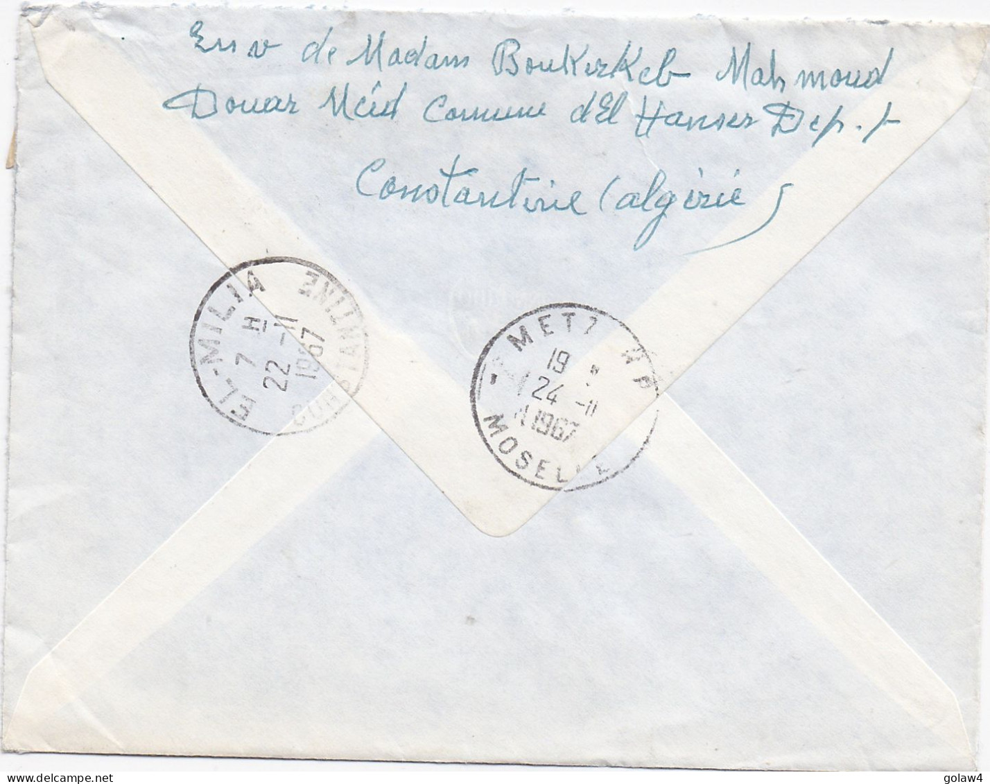 36831# ALGERIE LETTRE RECOMMANDE Obl EL HANNSER CONSTANTINE 1967 EL MILIA Pour METZ MOSELLE - Algérie (1962-...)