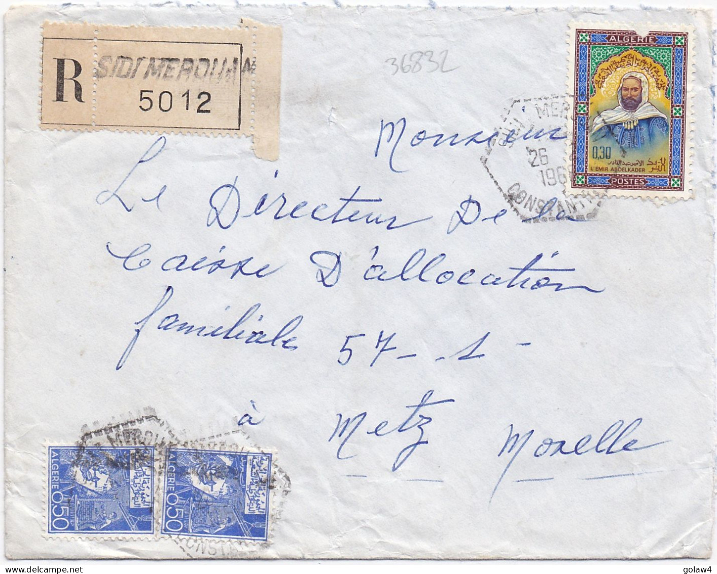 36832# ALGERIE LETTRE RECOMMANDE Obl SIDI MEROUAN CONSTANTINE 1966 Pour METZ MOSELLE - Argelia (1962-...)