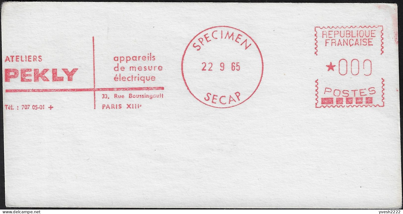 France 1965. Épreuve D'empreinte SECAP. Ateliers Pekly, Appareils De Mesure électrique. Tirage 3 Ex. - Elektrizität