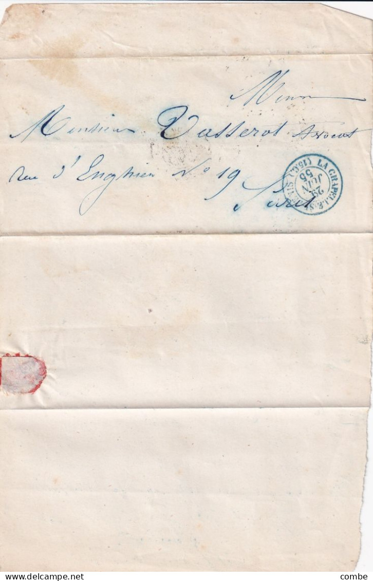 LAS. 29 JUIN 1855. CACHET BLEU LA CHAPELLE-ST DENIS. TAXE 15c. SEINE. POUR PARIS - 1849-1876: Klassik