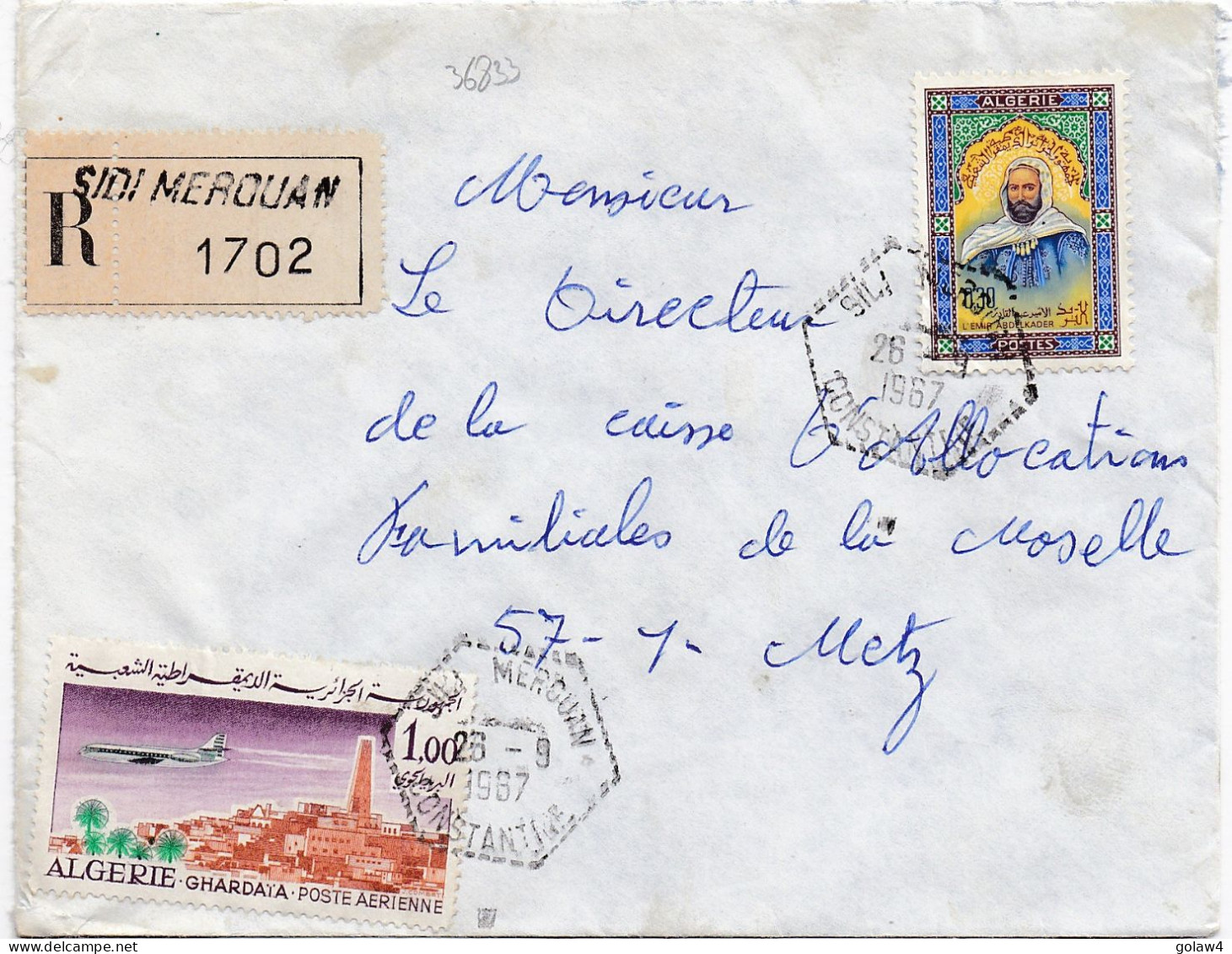 36833# ALGERIE LETTRE RECOMMANDE Obl SIDI MEROUAN CONSTANTINE 1967 Pour METZ MOSELLE - Algérie (1962-...)