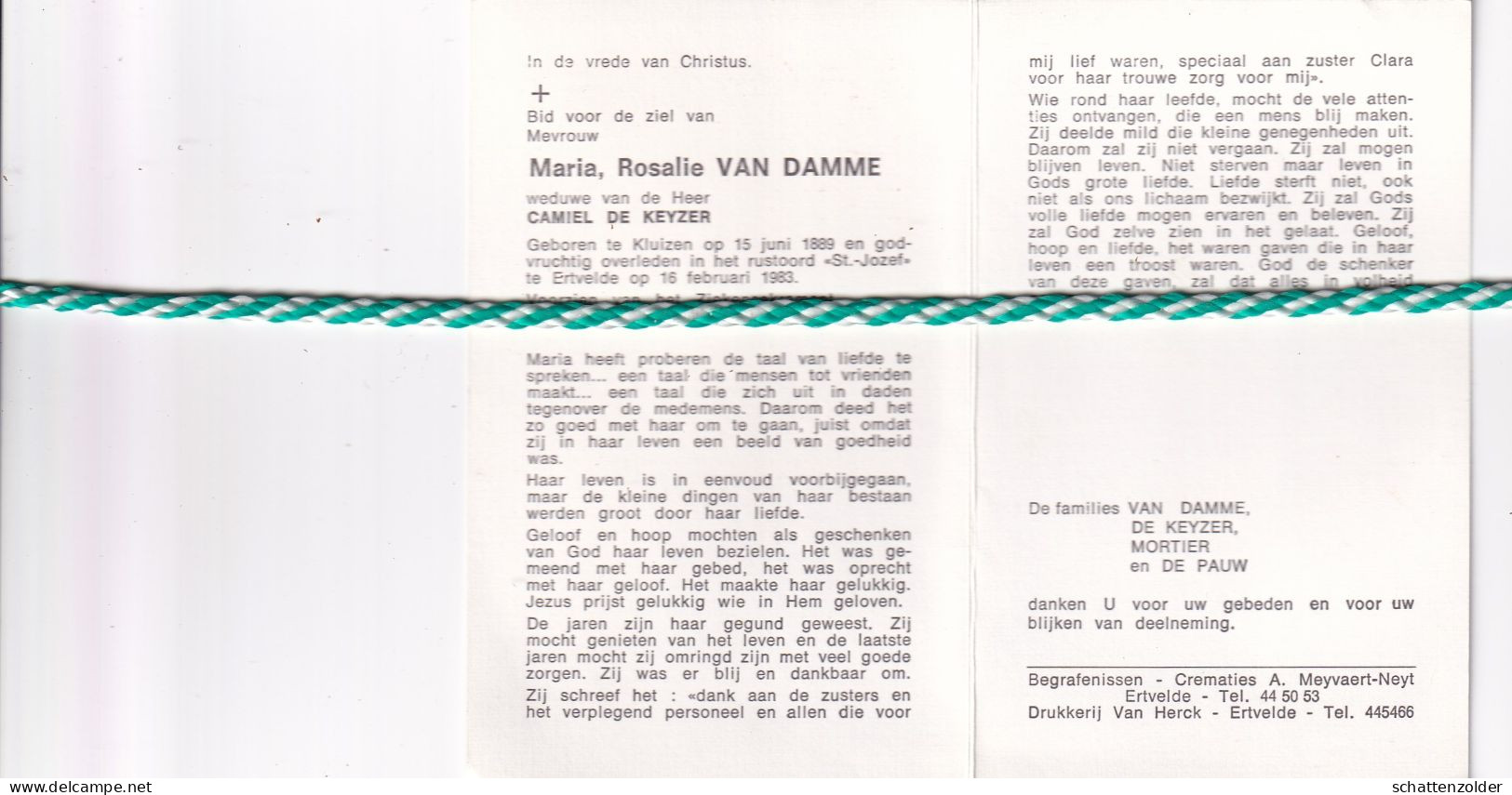 Maria Rosalie Van Damme-De Keyzer, Kluizen 1889, Ertvelde 1983 - Décès