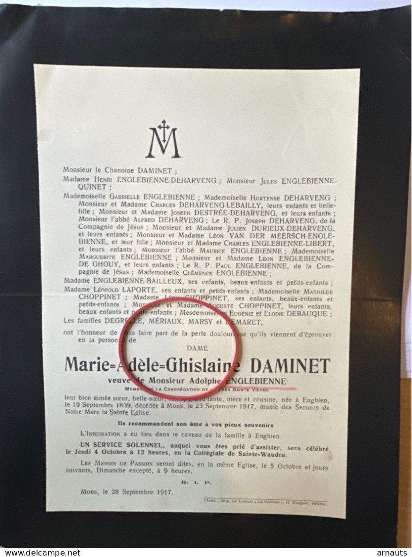 Dame Marie Daminet Veuve Englebienne Adolphe *1839 Enghien +1917 Mons Deharveng Quinet Destree De Ghouy Choppinet Marsy - Décès