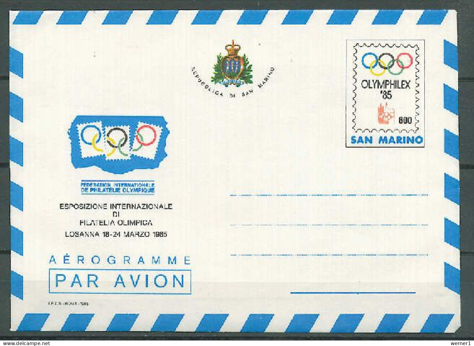 San Marino 1985 Olympic Games, Olymphilex Commemorative Aerogramme - Ete 1984: Los Angeles