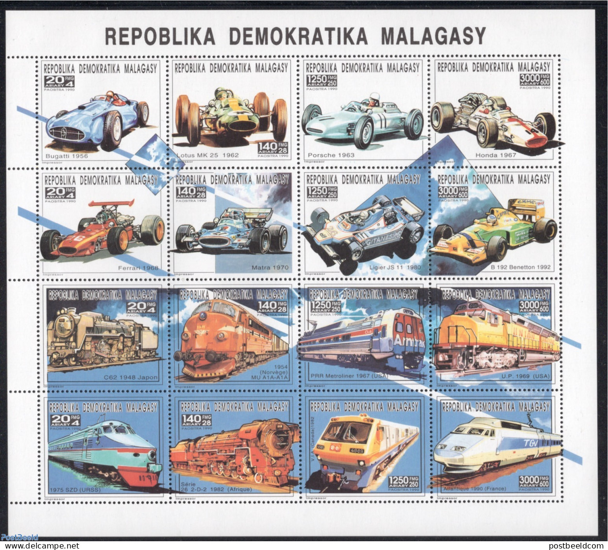 Madagascar 1993 Locomotives & Automobiles 16v M/s, Mint NH, Sport - Transport - Autosports - Automobiles - Railways - Cars