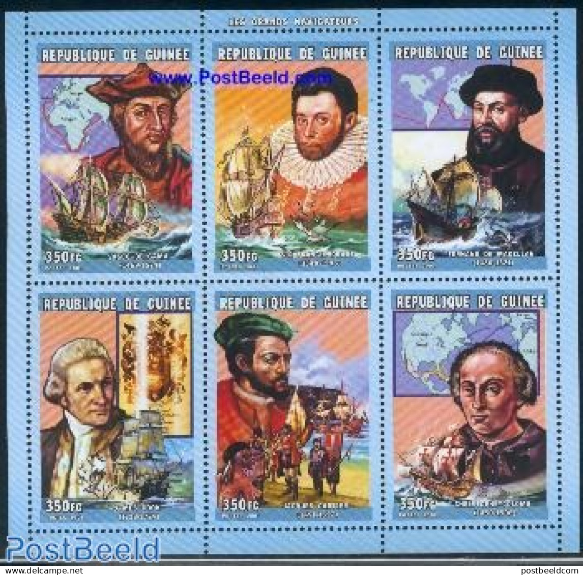 Guinea, Republic 2001 Navigators 6v M/s, Mint NH, History - Transport - Various - Explorers - Ships And Boats - Maps - Explorers