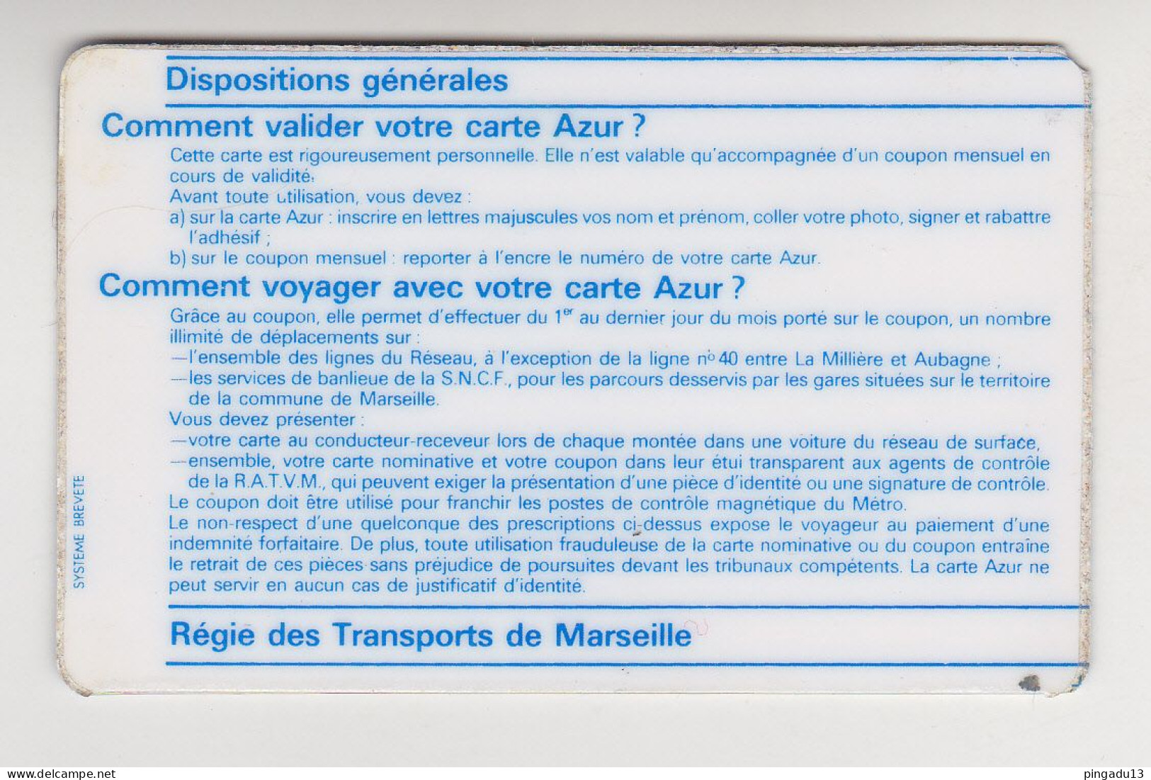 Fixe Carte Azur RTM Marseille SNCF - Autres & Non Classés