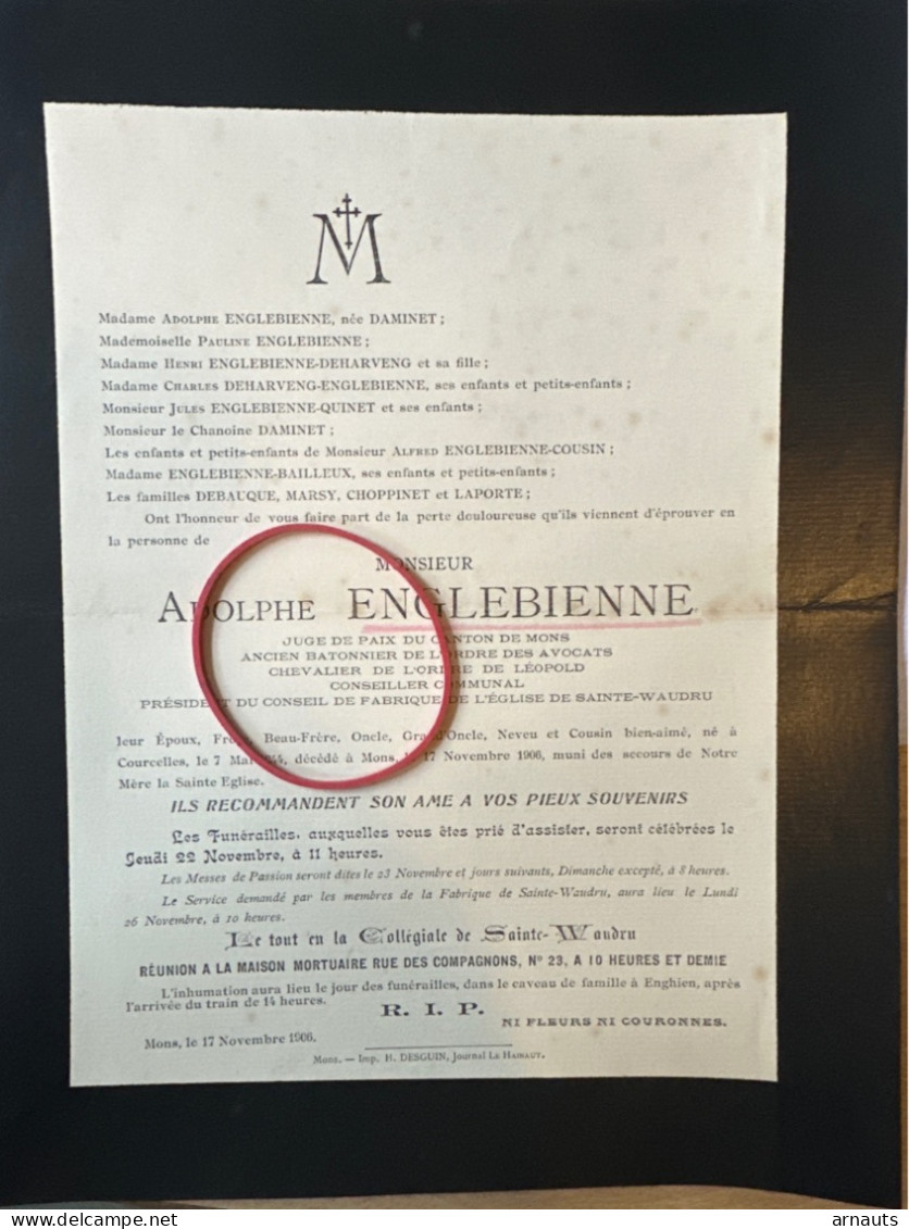 Monsieur Adolphe Englebienne *1844 Courcelles +1906 Mons Enghien Juge De Paix Conseiller Communal Quinet Cousin Laporte - Overlijden