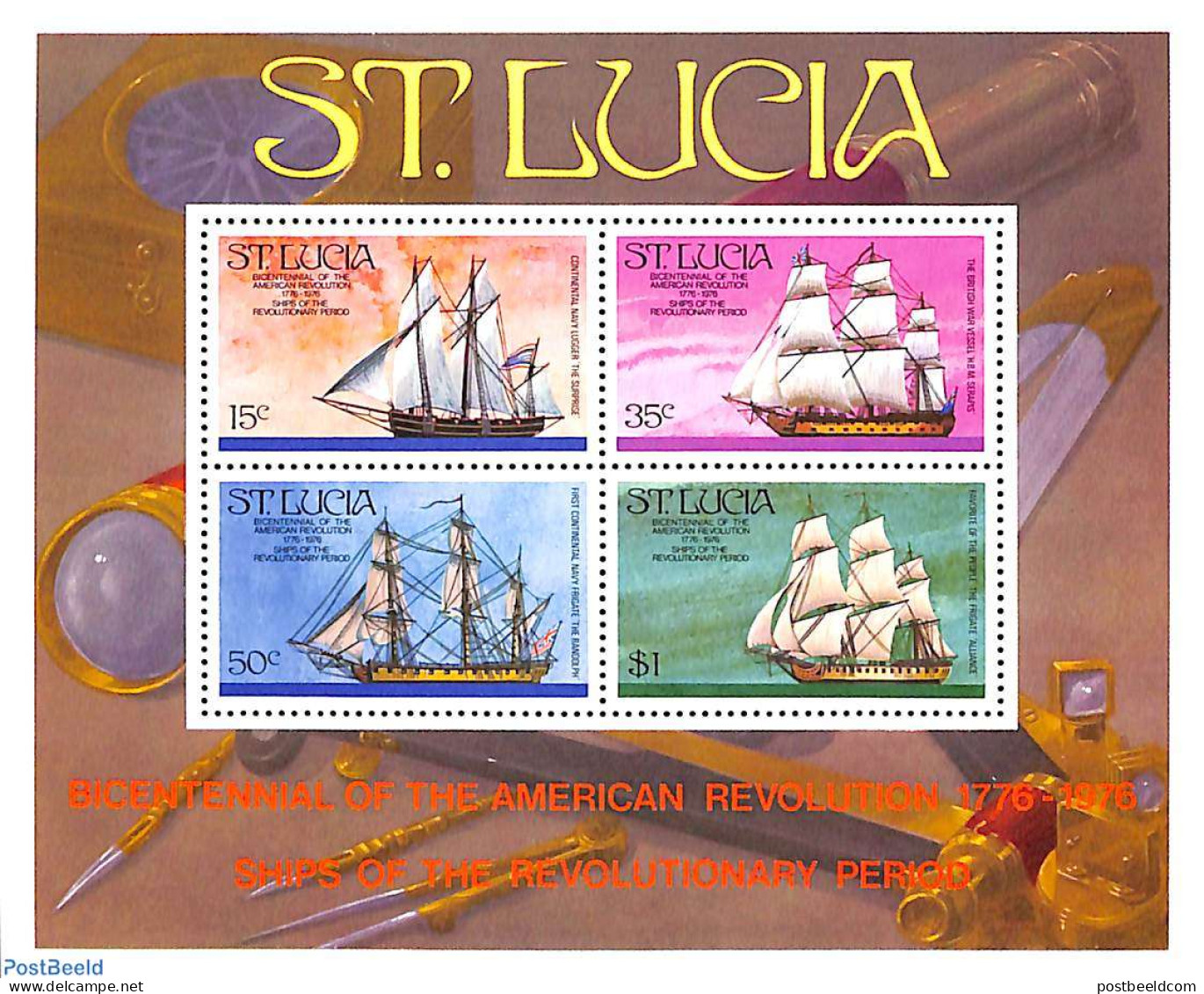 Saint Lucia 1976 American Bicentenary S/s, Mint NH, History - Transport - US Bicentenary - Ships And Boats - Ships