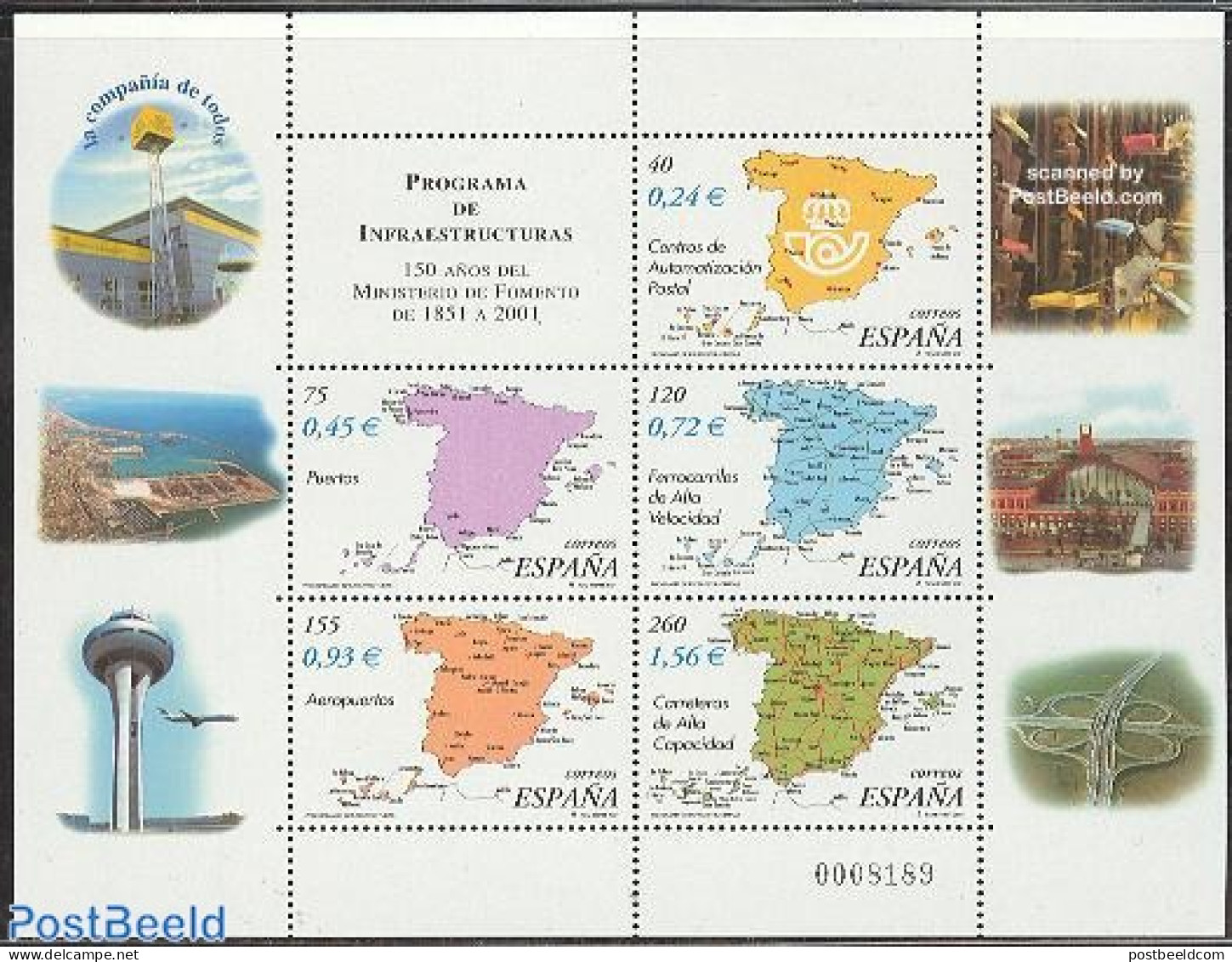 Spain 2001 Infrastructure S/S, Mint NH, Transport - Various - Post - Aircraft & Aviation - Railways - Maps - Ungebraucht