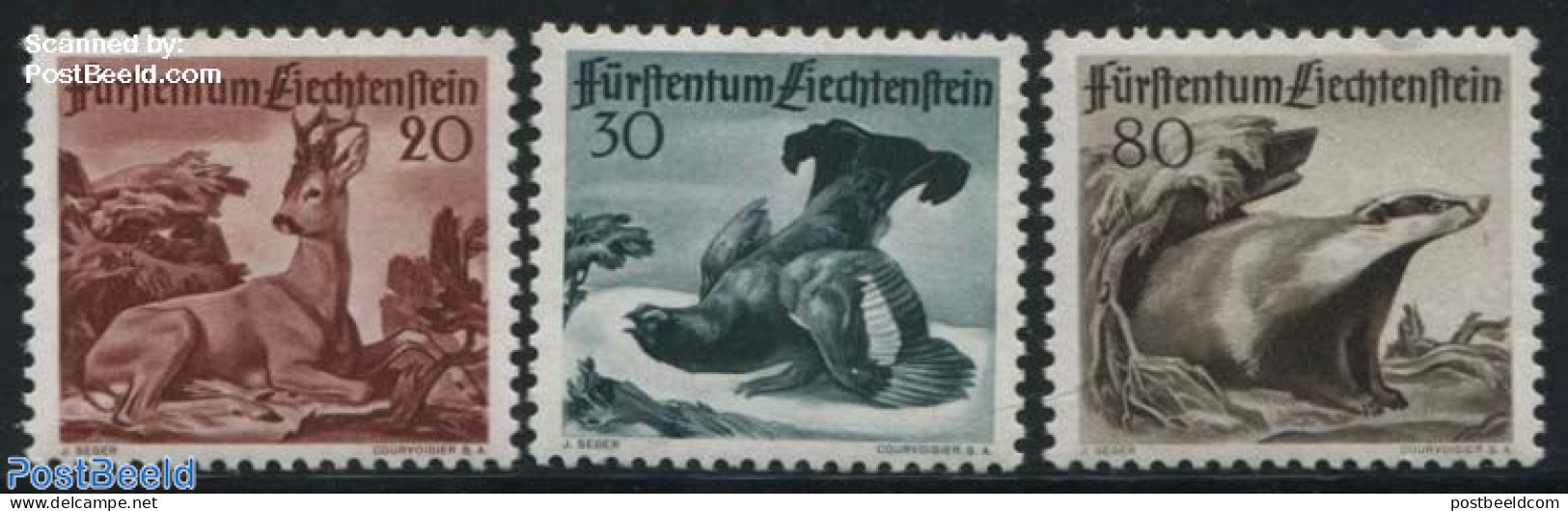 Liechtenstein 1950 Animals 3v, Mint NH, Nature - Animals (others & Mixed) - Birds - Deer - Poultry - Wild Mammals - Neufs