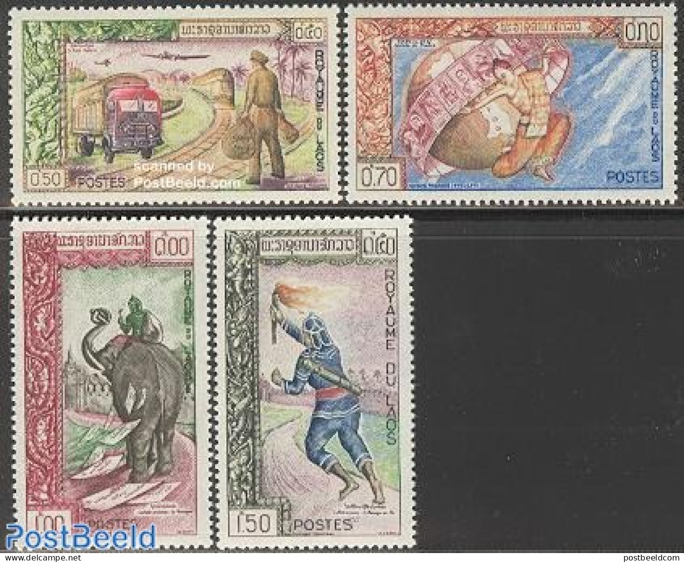 Laos 1962 Philatelic Exhibition 4v, Mint NH, Nature - Transport - Elephants - Post - Automobiles - Railways - Posta