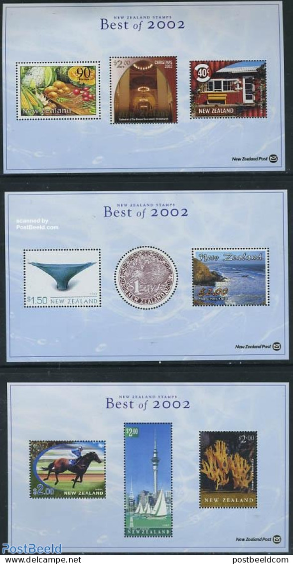 New Zealand 2003 Best Of 2002, 3 S/s, Mint NH, Health - Nature - Transport - Food & Drink - Birds - Horses - Ships And.. - Neufs