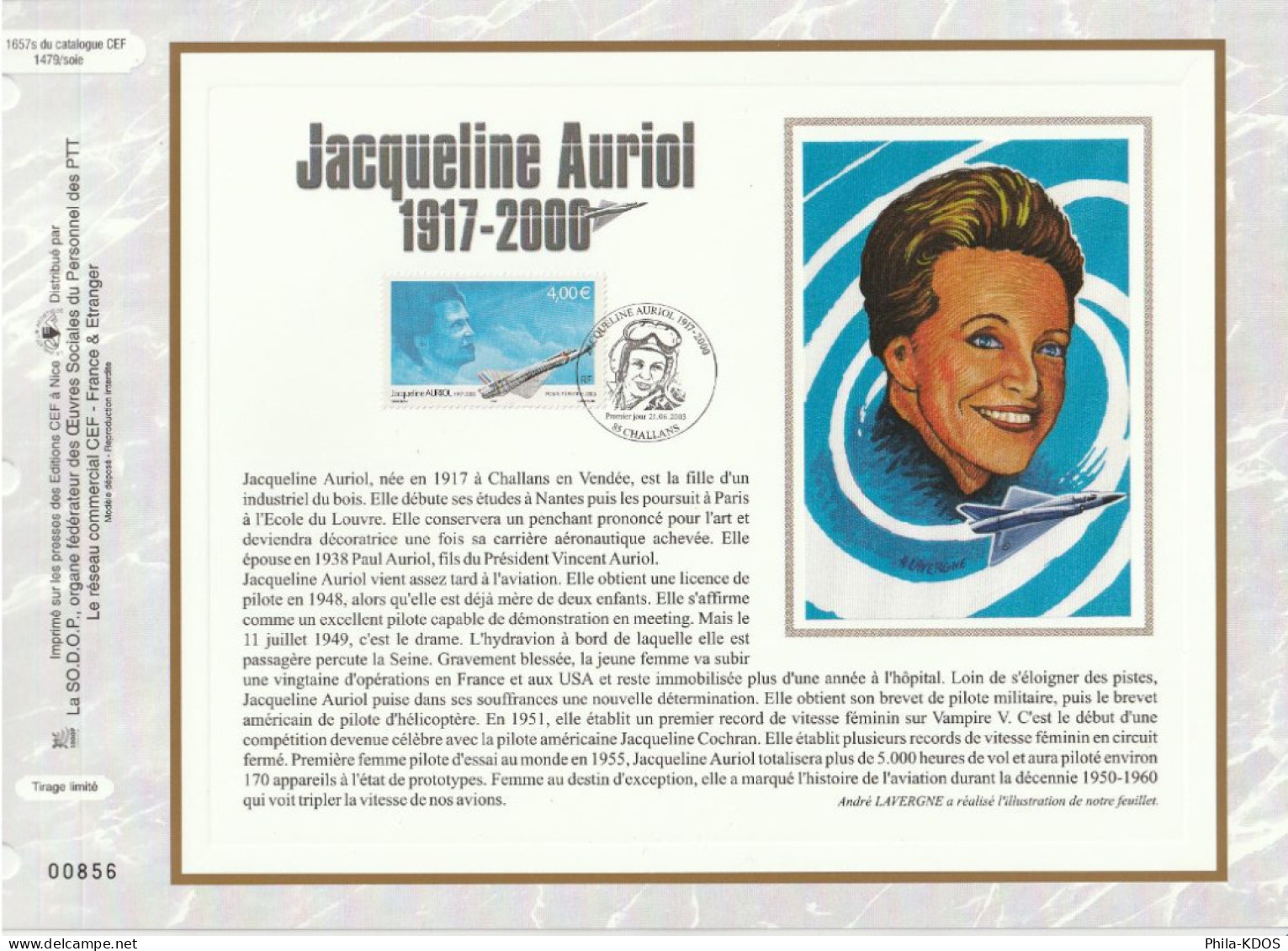 (Faciale = 4 €) " JACQUELINE AURIOL " Sur Feuillet CEF 1er Jour Sur Soie N°té De 2003. N° YT PA 66 Parfait état. FDC - Aviones