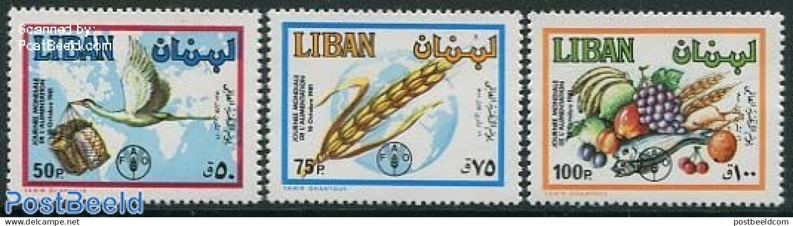 Lebanon 1982 World Food Day 3v, Mint NH, Health - Various - Fruit - Agriculture - Frutas