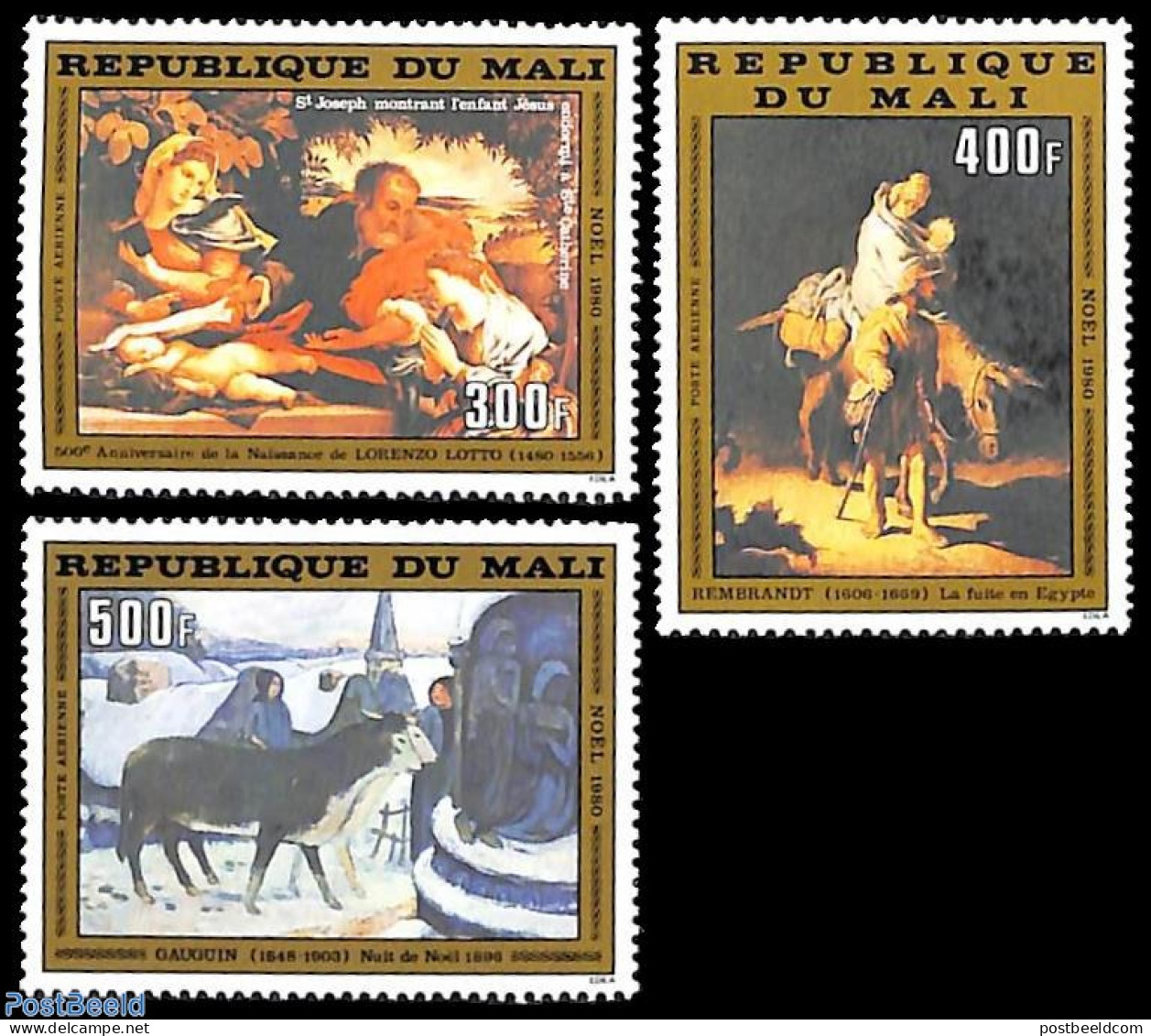 Mali 1980 Christmas, Paintings 3v, Mint NH, Religion - Christmas - Art - Paintings - Paul Gauguin - Rembrandt - Noël
