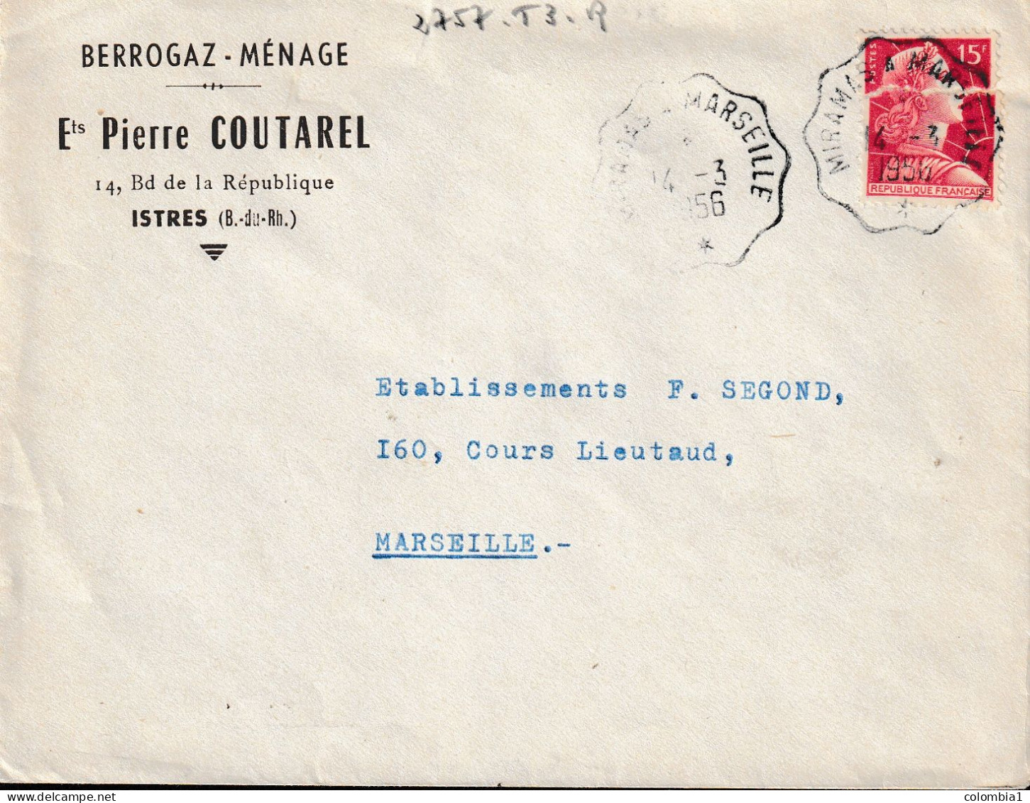 Lettre MIRAMAS à MARSEILLE Cachet Ambulant 14 - 3 1956 (type Marianne) - Cartas & Documentos